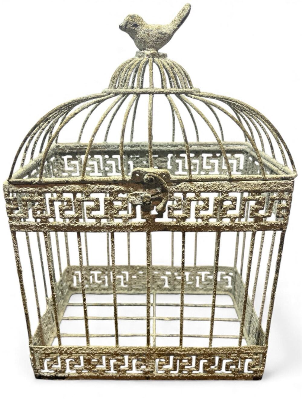 Vintage Ornate Birdcage Distressed White Metal Greek Key Décor with Bird Top